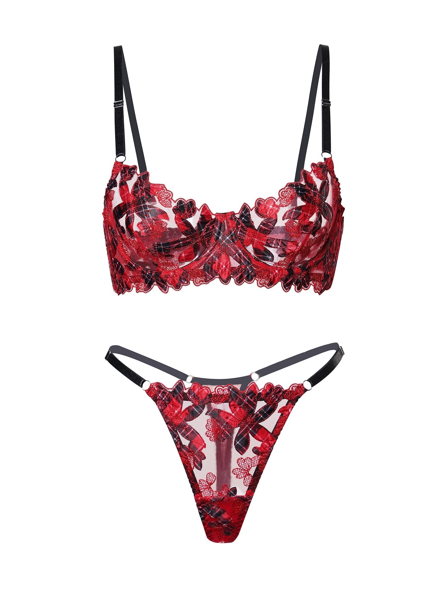 Red Tartan Floral Embroidery Lingerie Set For Women Hello.LA.Girl